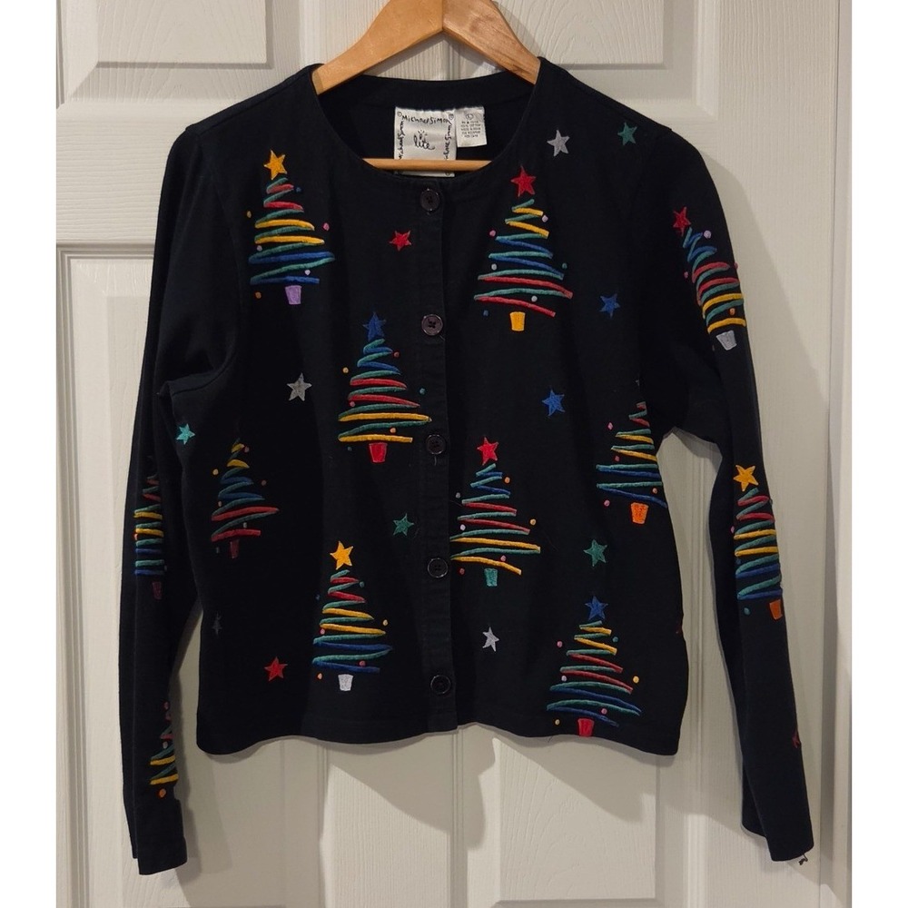 Vintage Michael Simon Lite Christmas Cardigan L Embroidered Trees Cropped 90s